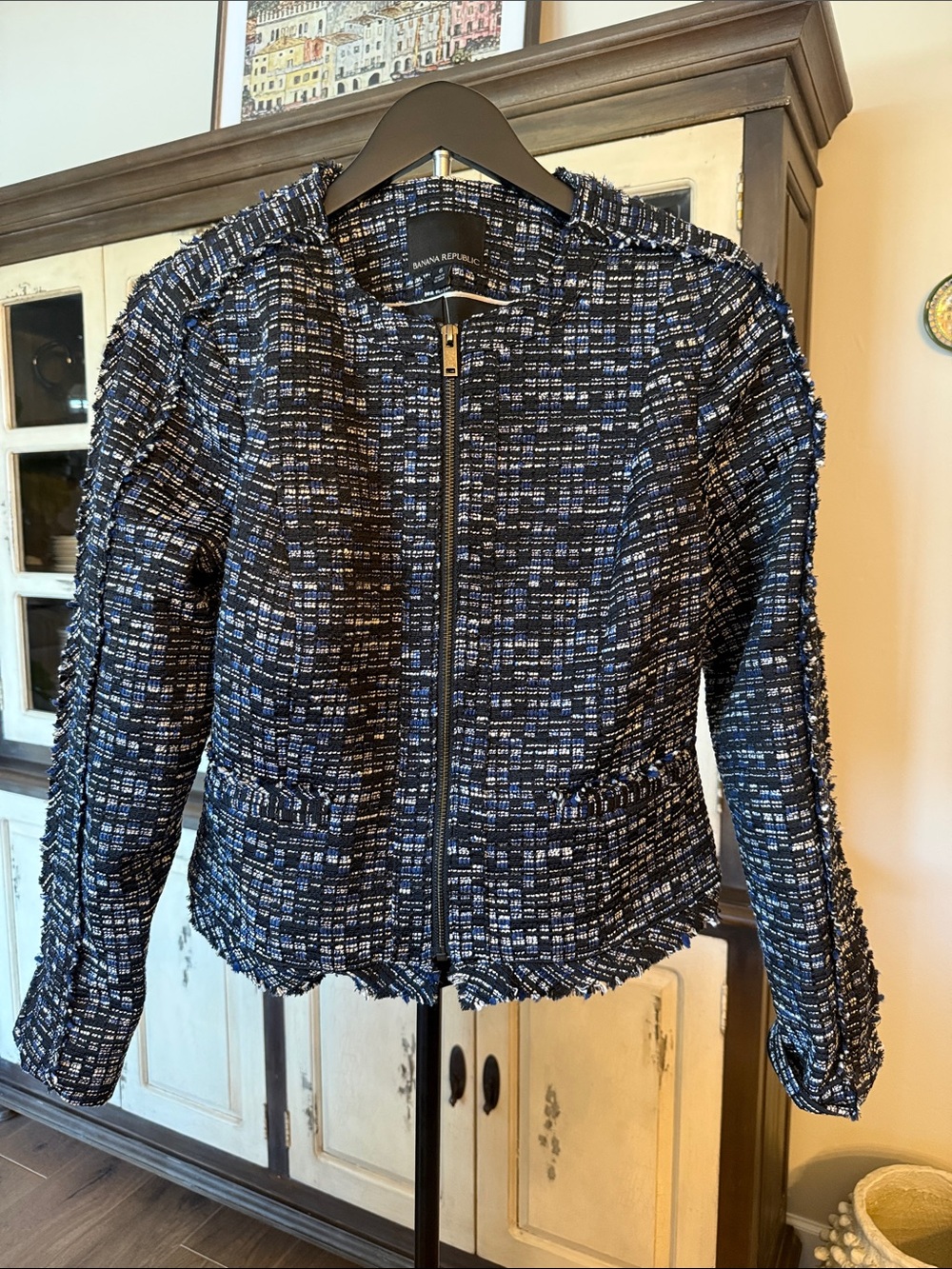 Banana Republic Navy & White Tweed Zip Jacket